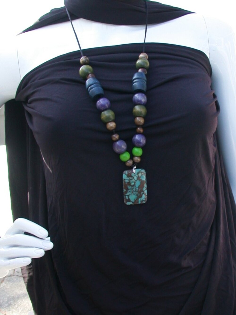 Blue Jasper Stone and Wood Bead Necklace